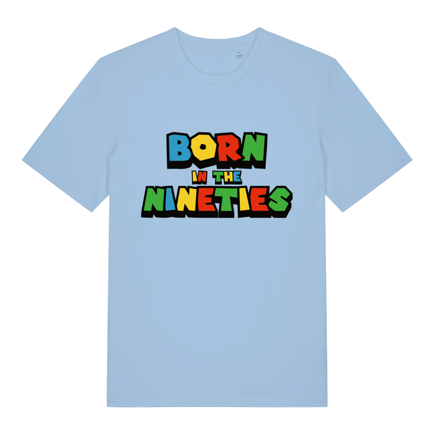 Sky blue Born In The Nineties funny slogan t-shirt featuring classic video game style print  