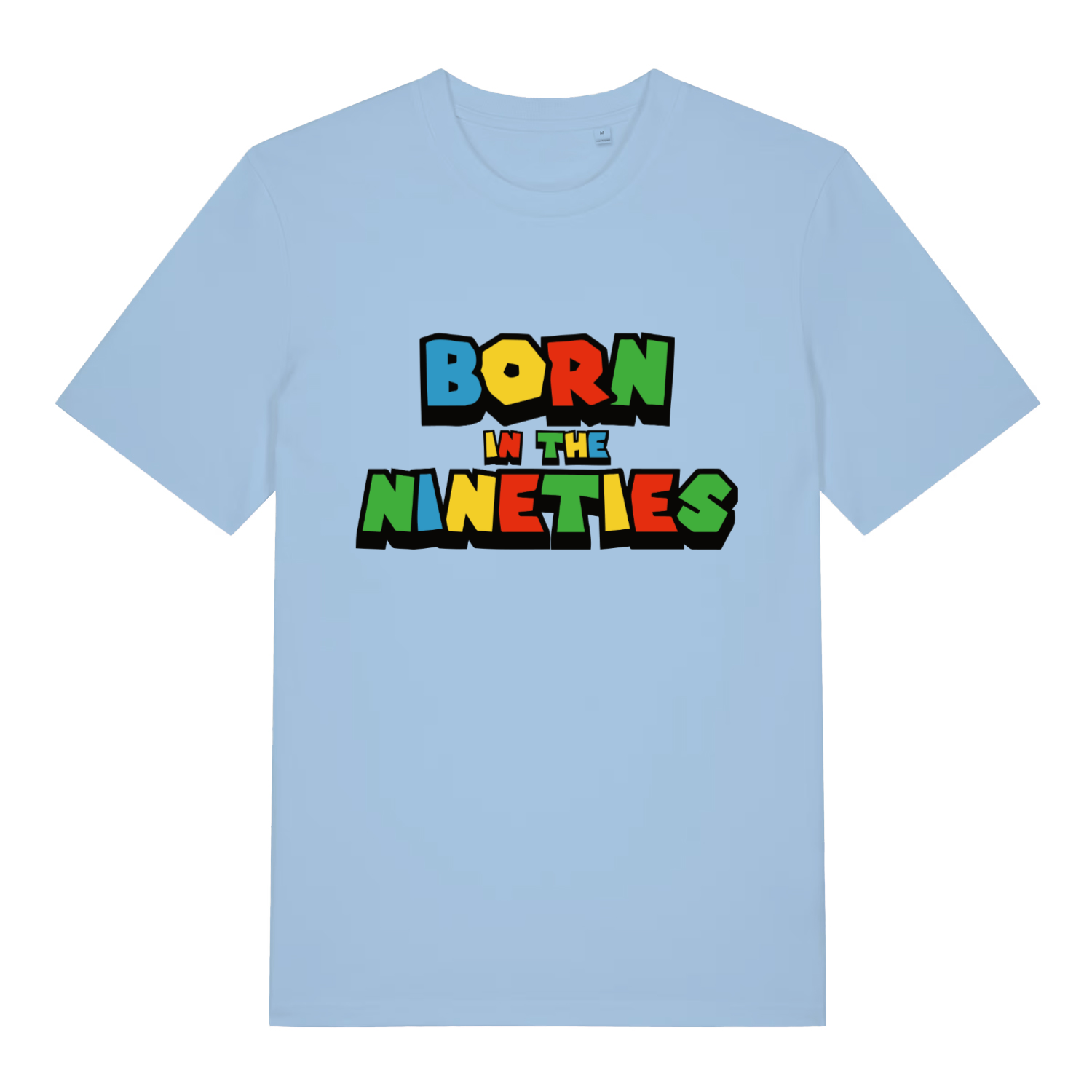 Sky blue Born In The Nineties funny slogan t-shirt featuring classic video game style print  