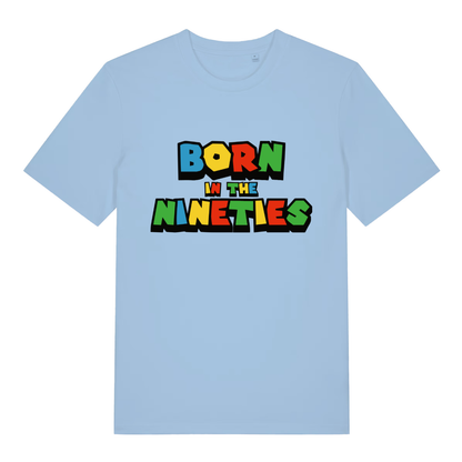 Sky blue Born In The Nineties funny slogan t-shirt featuring classic video game style print  