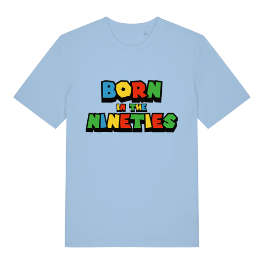Sky blue Born In The Nineties funny slogan t-shirt featuring classic video game style print  