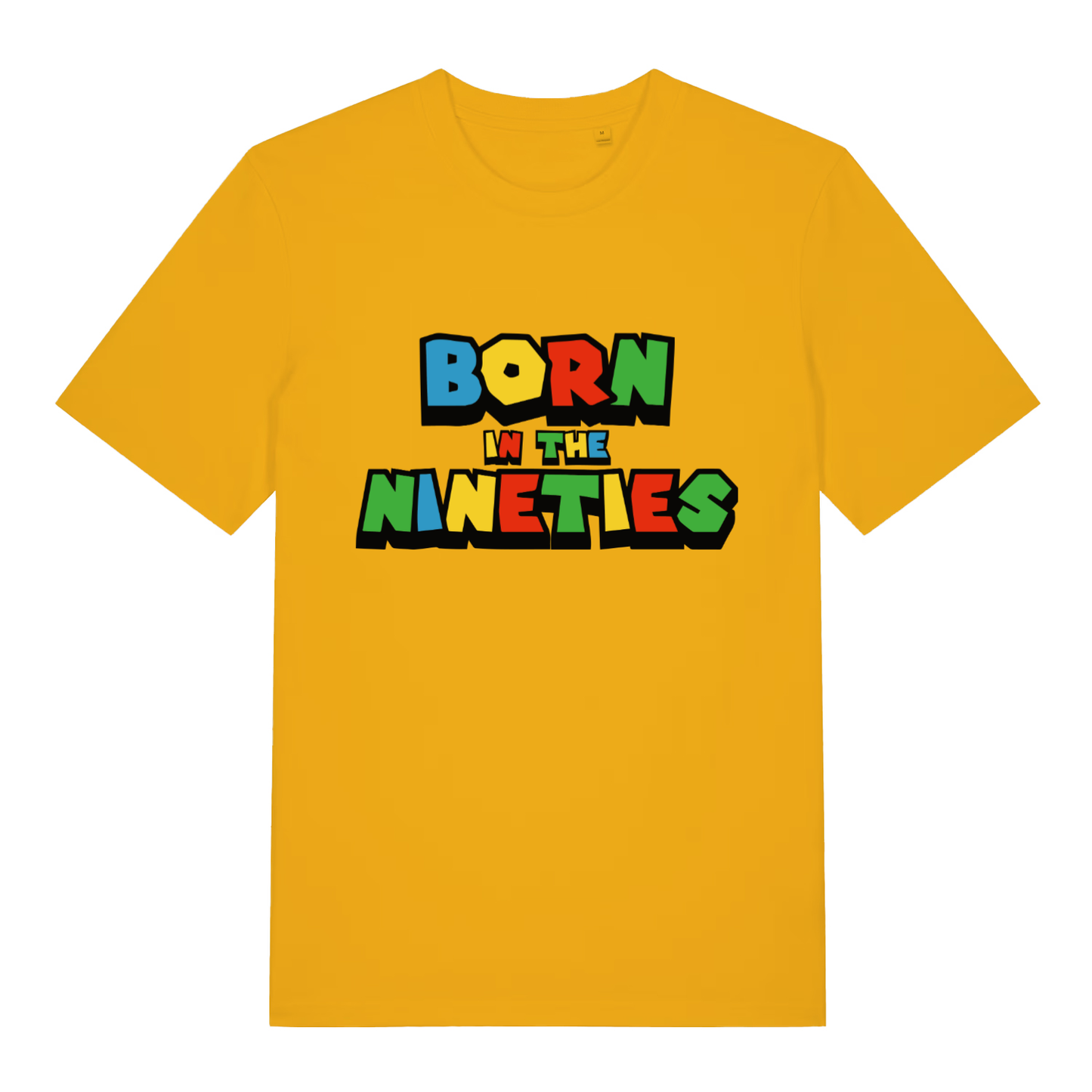 Yellow Born In The Nineties funny slogan t-shirt showing ultimate age-related gamer banter  