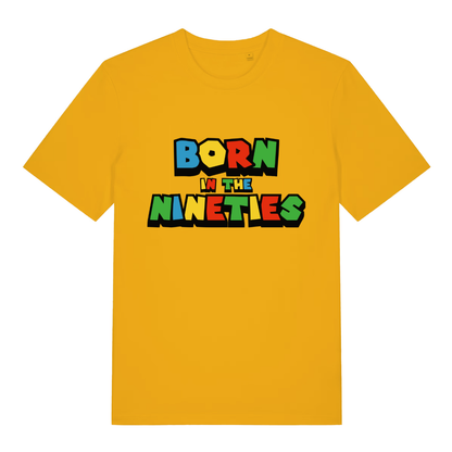 Yellow Born In The Nineties funny slogan t-shirt showing ultimate age-related gamer banter  