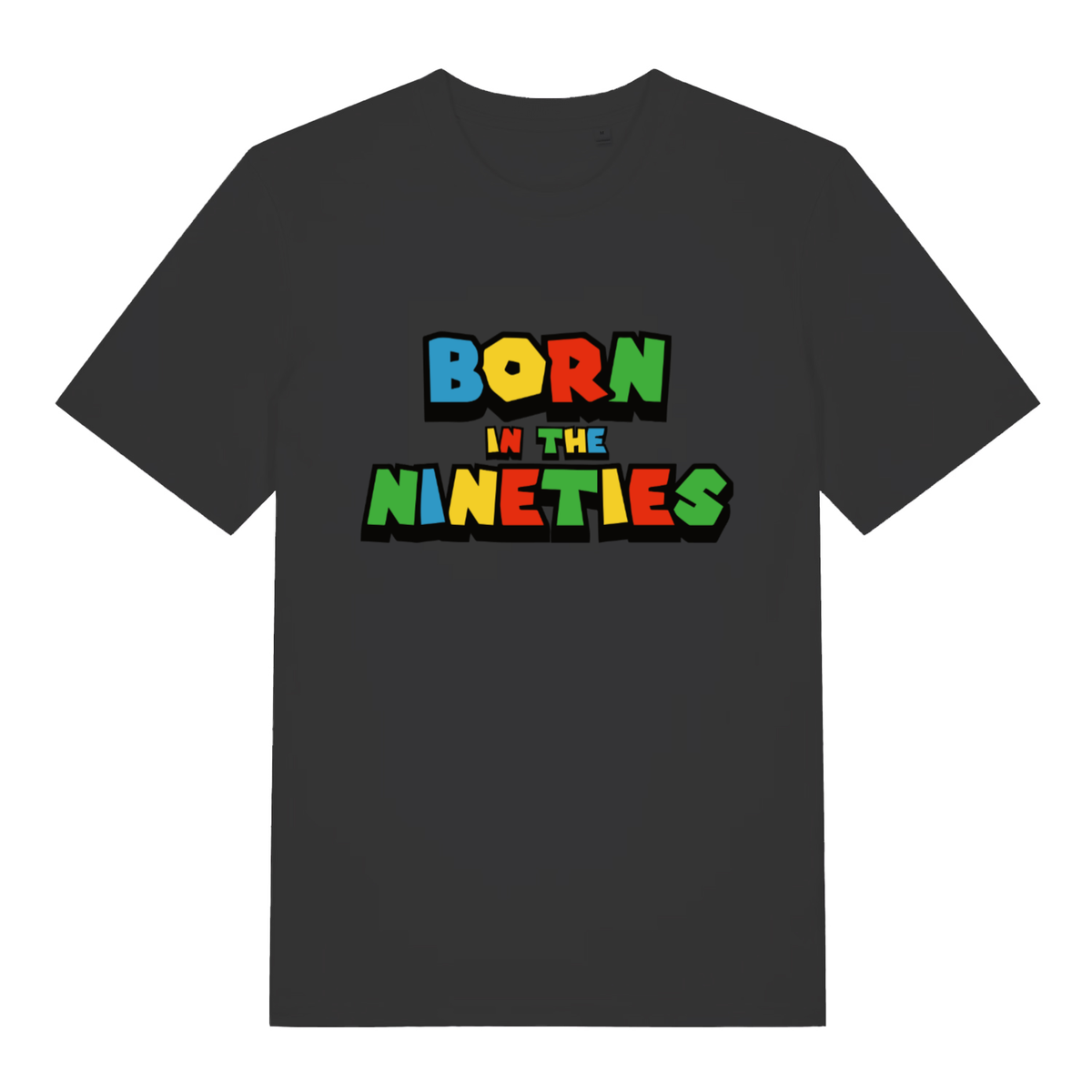 Black Born In The Nineties women’s funny slogan t-shirt with colourful 90s block lettering  