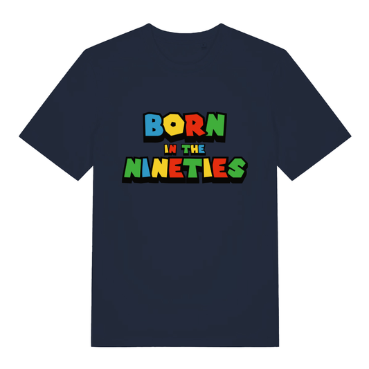Navy Born In The Nineties women’s funny slogan t-shirt with bold nostalgic 90s design  
