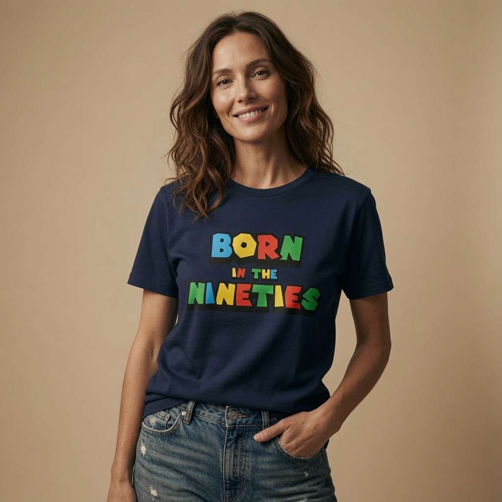 Woman smiling with one hand in her pocket in a navy Born in the Nineties t-shirt, ladies 90s gamer inspired fun age-related design full of pure attitude