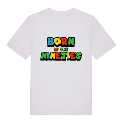 White Born In The Nineties women’s funny slogan t-shirt with witty colourful 90s lettering  