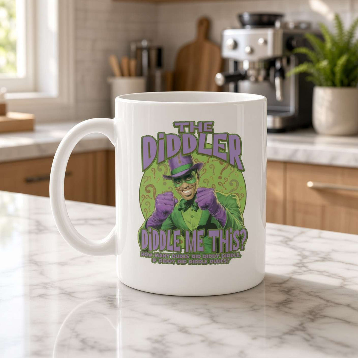 A white mug on a marble kitchen counter features a playful green-and-purple masked character and the text “The Diddler: Diddle Me This?” in bold comic lettering.