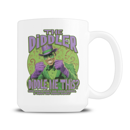White mug featuring The Riddler in a green suit and purple hat, grinning with raised fists amid question marks; playful comic-book design.