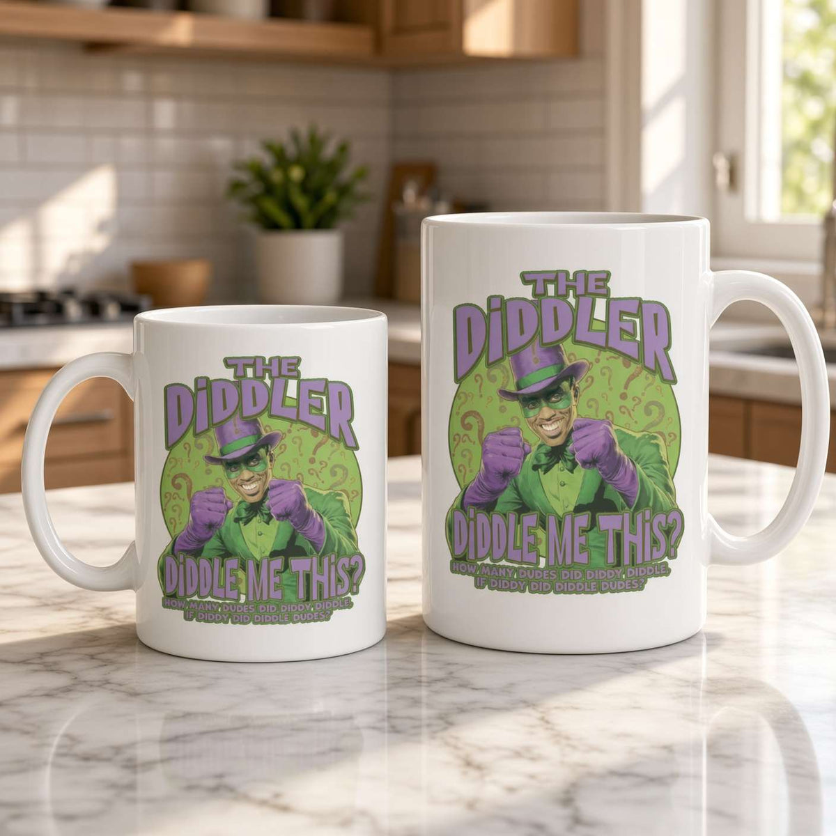 Two white ceramic mugs on a marble kitchen counter feature matching green-and-purple “The Diddler” character artwork, creating a playful, quirky tone.