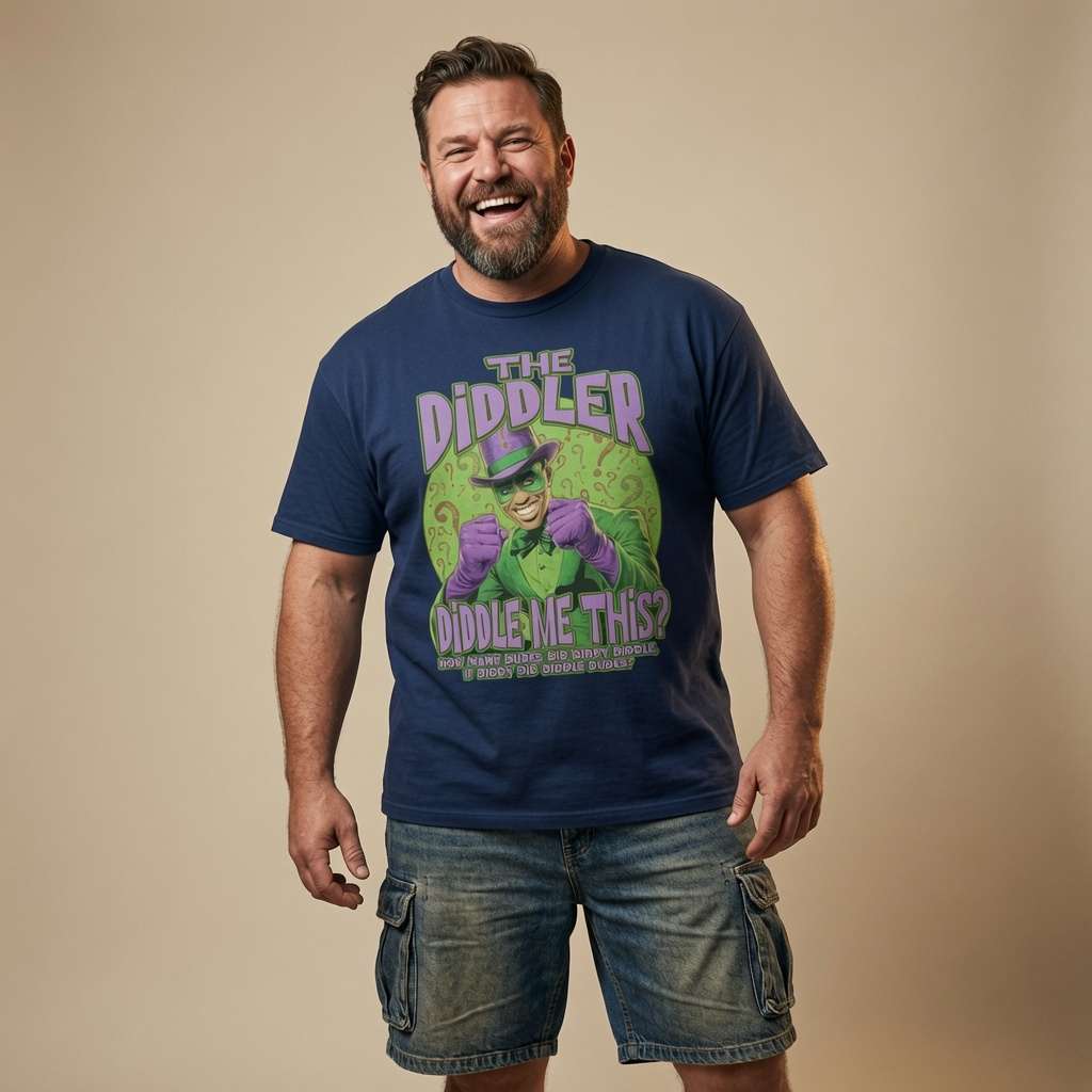 Bearded man laughing in a blue The Diddler t-shirt, unique funny mens rude graphic meme design full of pure attitude