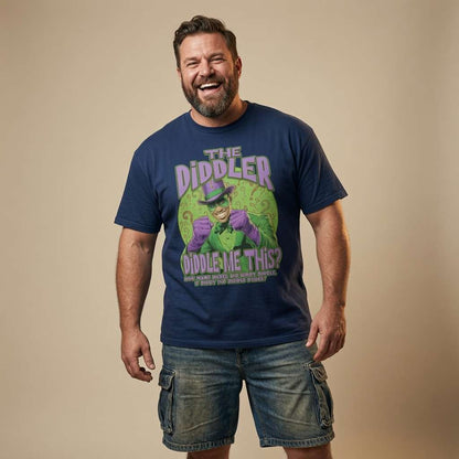 Bearded man laughing in a blue The Diddler t-shirt, unique funny mens rude graphic meme design full of pure attitude