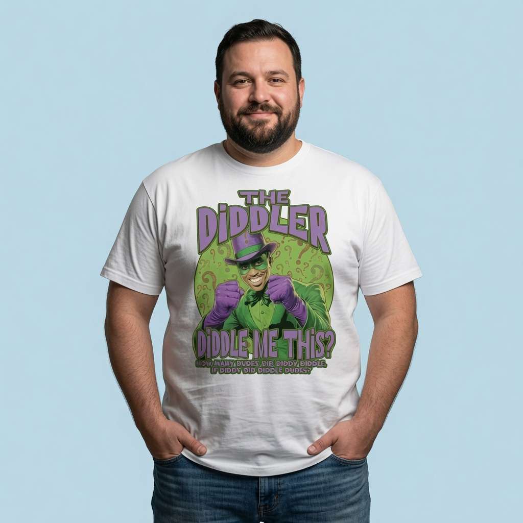 Bearded man smiling with hands in his pockets while wearing a white The Diddler t-shirt featuring a Riddler-style character in green and purple, exclusive funny and witty graphic design