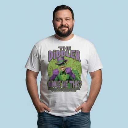 Bearded man smiling with hands in his pockets while wearing a white The Diddler t-shirt featuring a Riddler-style character in green and purple, exclusive funny and witty graphic design