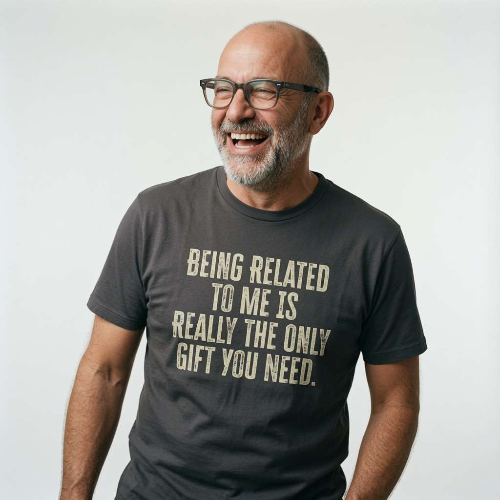 Older man with glasses laughing while wearing a khaki Being Related to Me is Really the Only Gift You Need t-shirt, fun slogan ultimate dad present full of pure attitude
