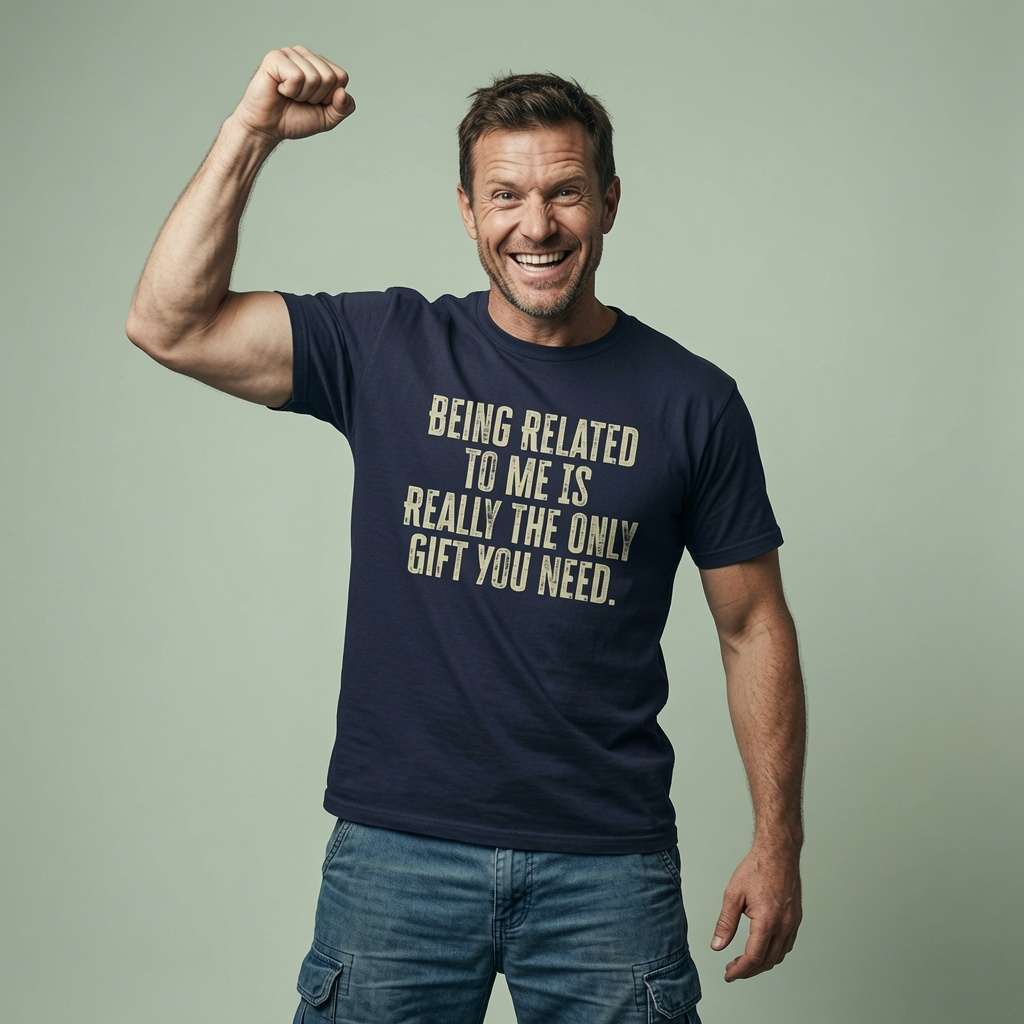 Man smiling and flexing one arm in a navy Being Related to Me is Really the Only Gift You Need t-shirt, mens xmas slogan tee and best Christmas present that every cheeky dad will claim