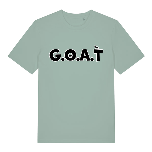 Aloe The GOAT funny animal pun t-shirt with G.O.A.T. lettering and goat silhouettes  