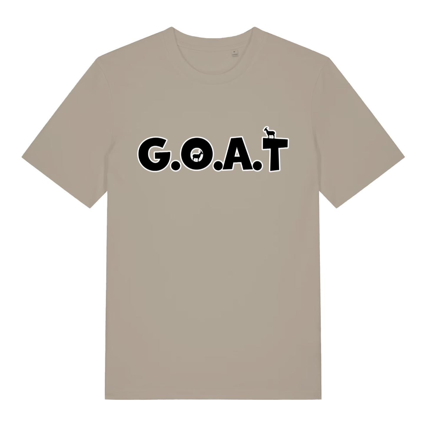 Beige The GOAT funny animal pun t-shirt featuring classic legendary goat graphic  