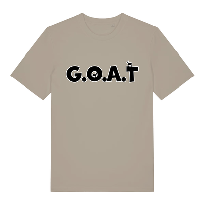 Beige The GOAT funny animal pun t-shirt featuring classic legendary goat graphic  