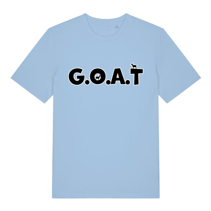 Sky blue The GOAT funny animal pun t-shirt with bold G.O.A.T. animal design  