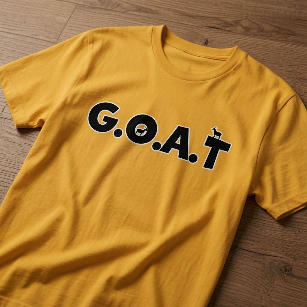 Yellow G.O.A.T t-shirt laid flat on a wooden surface with bold black lettering and tiny goat icons, fun legendary GOAT pun mens slogan dad gift tee