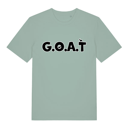 Aloe The GOAT women’s funny animal pun t-shirt with G.O.A.T. lettering and goat silhouettes  