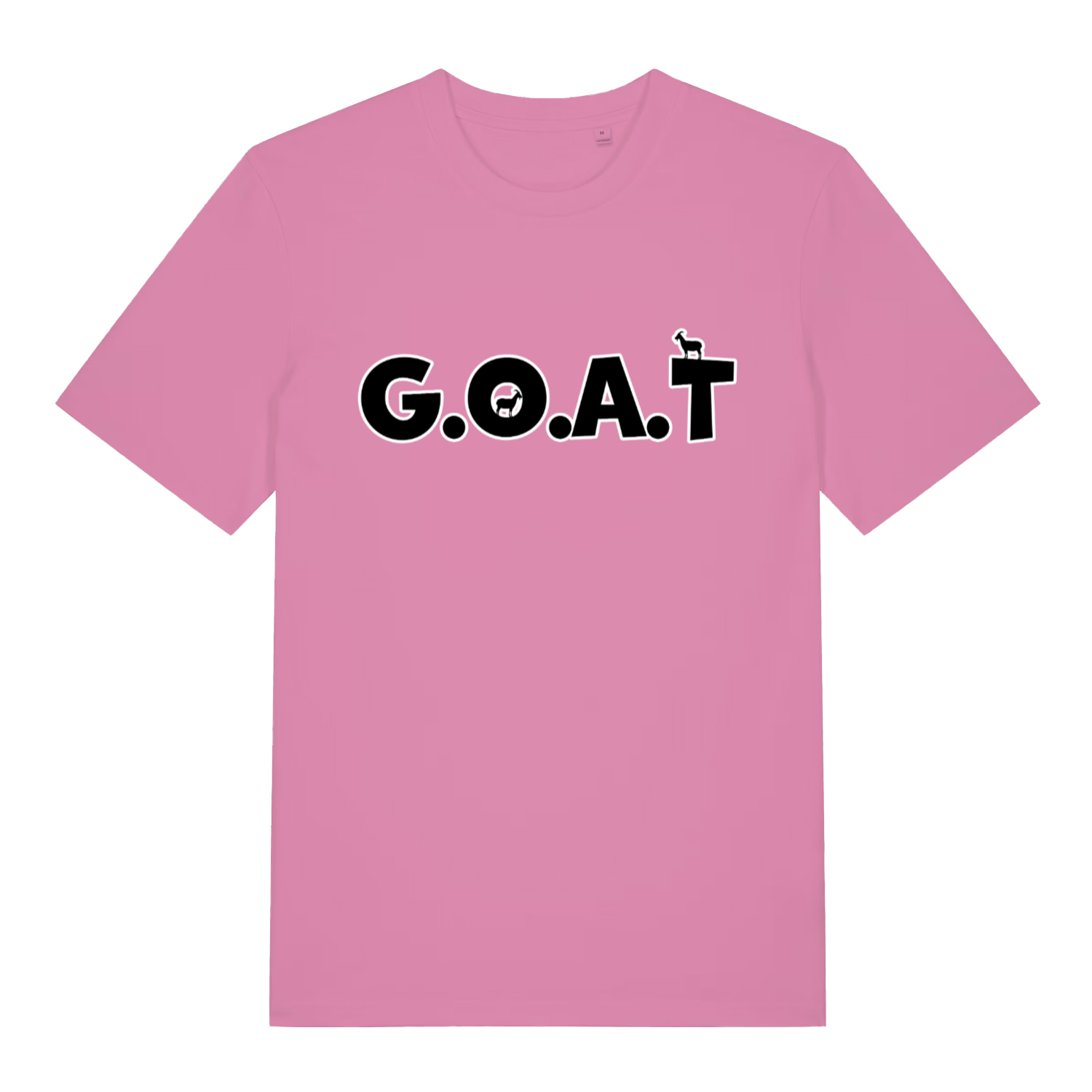 Pink The GOAT women’s funny animal pun t-shirt showing witty goat silhouette print  