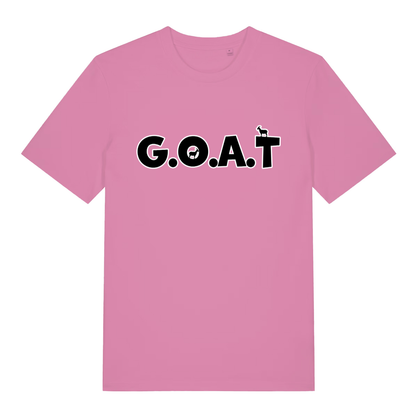 Pink The GOAT women’s funny animal pun t-shirt showing witty goat silhouette print  