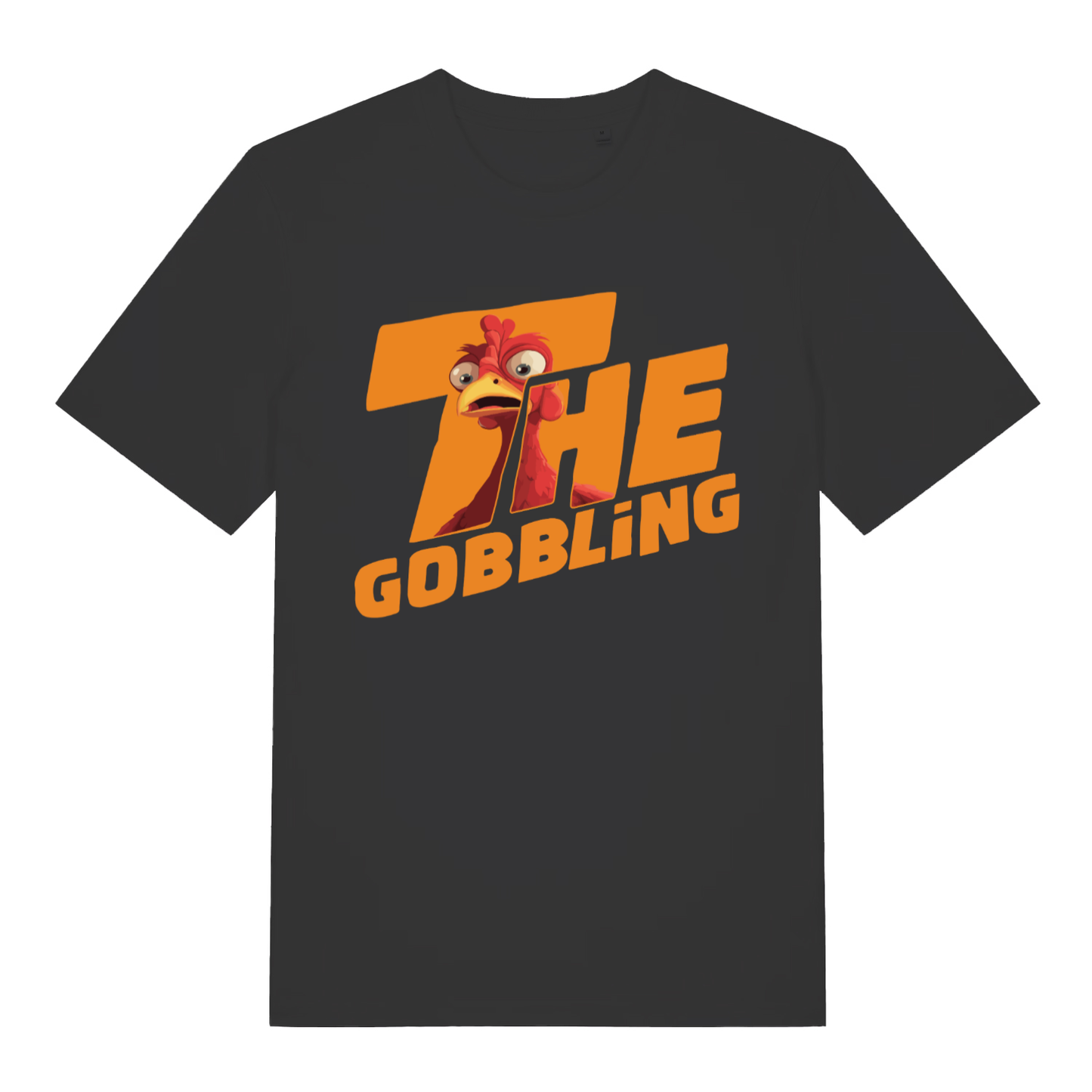 Black The Gobbling women’s funny Christmas turkey t-shirt with cartoon turkey bursting through lettering  