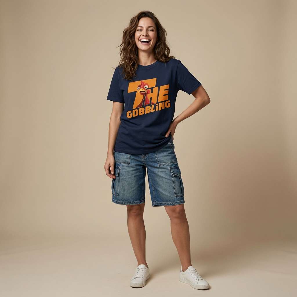 Woman laughing with one hand on her hip in a navy The Gobbling t-shirt, funny ladies xmas day turkey design that every no-nonsense lady will claim