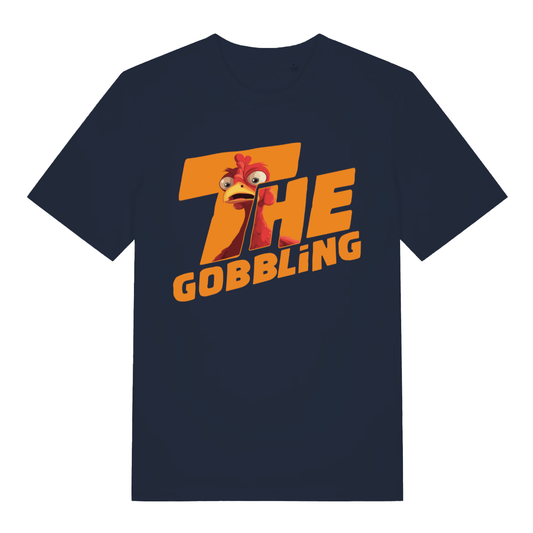 Navy The Gobbling women’s funny Christmas turkey t-shirt with witty wide-eyed turkey design  