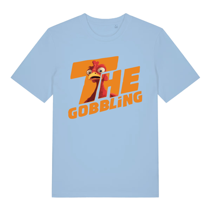 Sky blue The Gobbling women’s funny Christmas turkey t-shirt showing classic Christmas day turkey print  