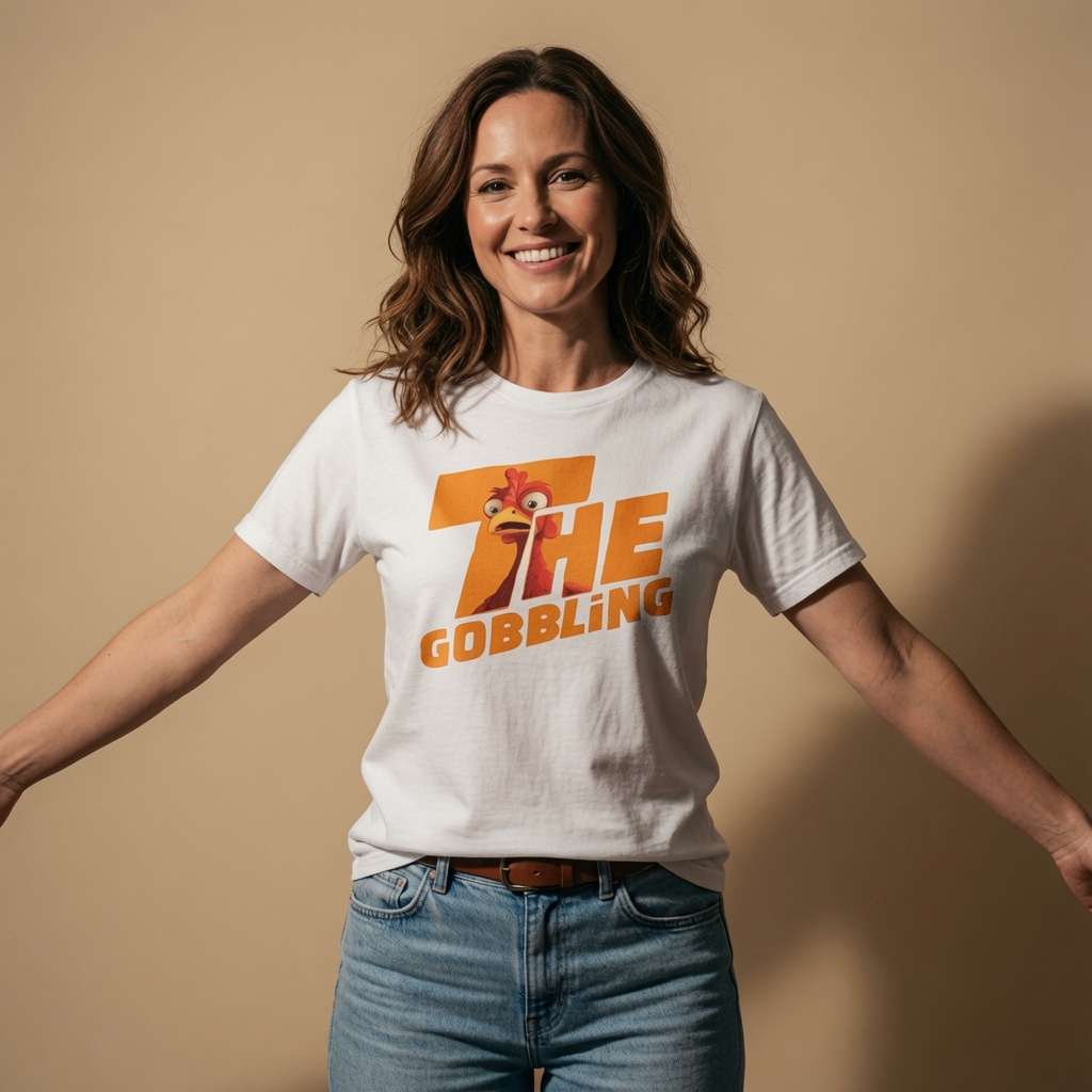 Woman smiling with arms outstretched while wearing a white The Gobbling t-shirt featuring a cartoon turkey head, funny ladies xmas day turkey design