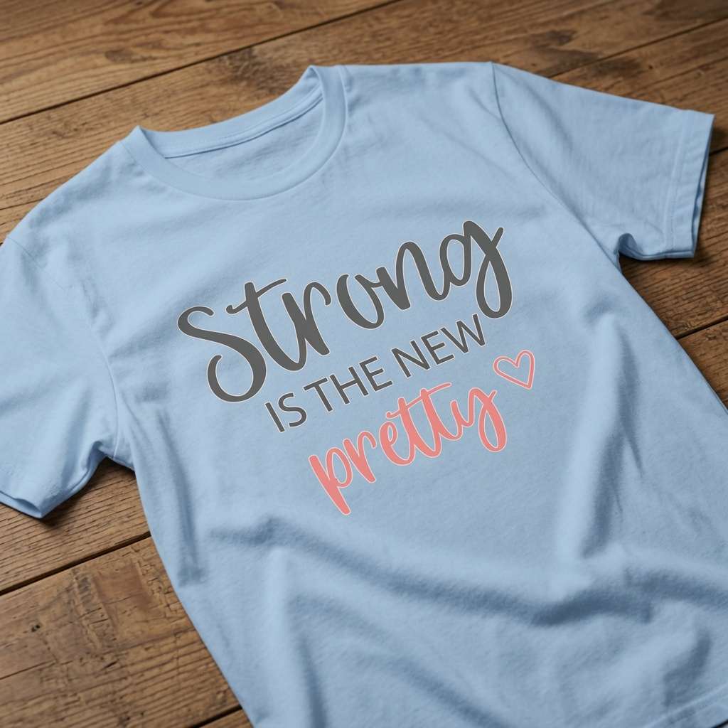 Blue Strong is the New Pretty t-shirt laid flat on a wooden surface showing the full script lettering and heart, fun ladies motivational strong statement tee that every no-nonsense lady will claim