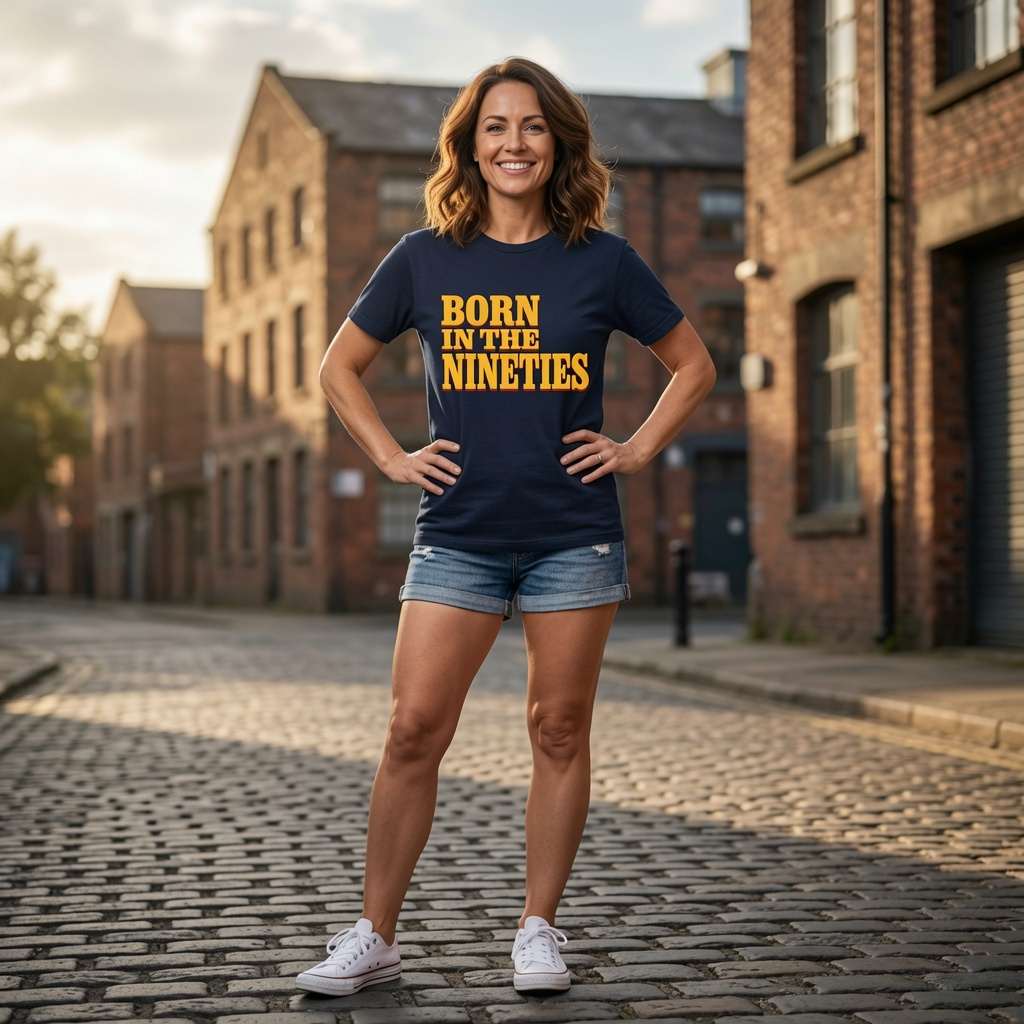 Woman standing with hands on her hips outdoors while wearing a navy Born in the Nineties t-shirt, ladies 90s film inspired born in statement design full of pure attitude