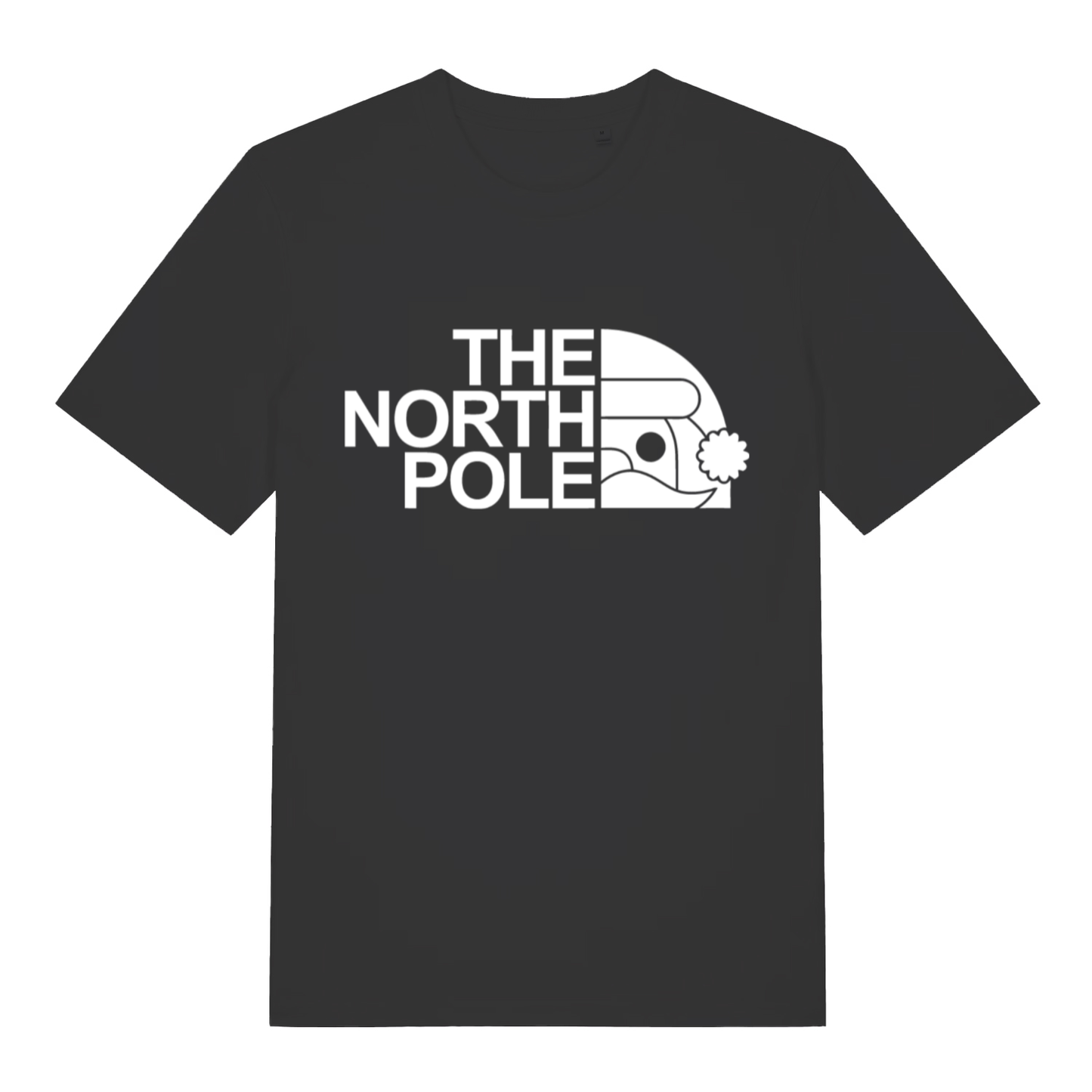 Black The North Pole women’s funny Christmas t-shirt with Santa face logo parody design  