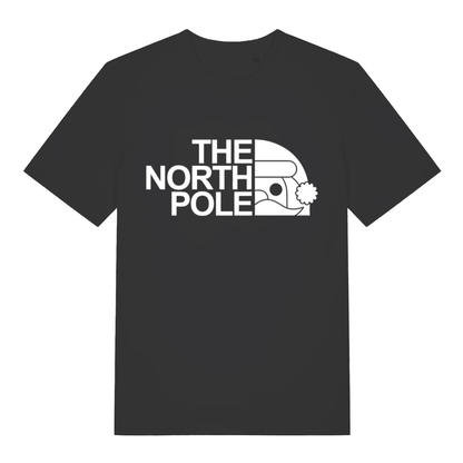 Black The North Pole women’s funny Christmas t-shirt with Santa face logo parody design  