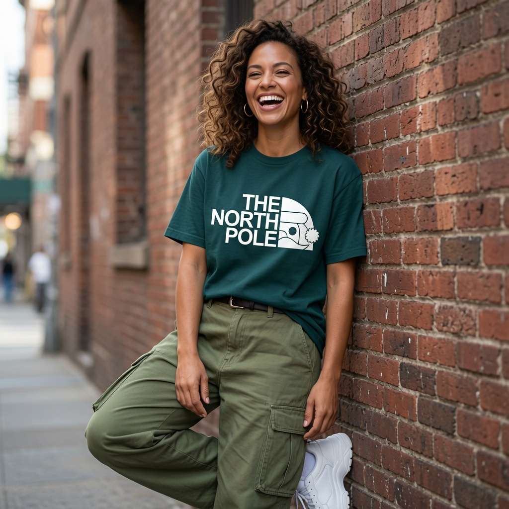 Woman laughing while leaning against a brick wall in a green The North Pole t-shirt, funny and cheeky Santa xmas day pub shirt that every no-nonsense lady will claim