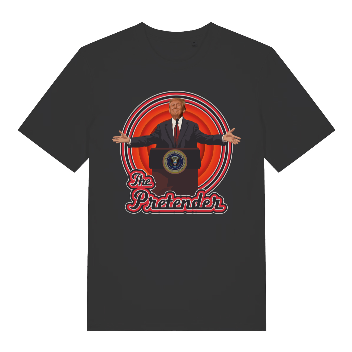 Black The Pretender funny political satire t-shirt with Trump podium graphic and target design  