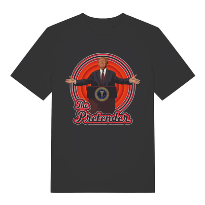 Black The Pretender funny political satire t-shirt with Trump podium graphic and target design  