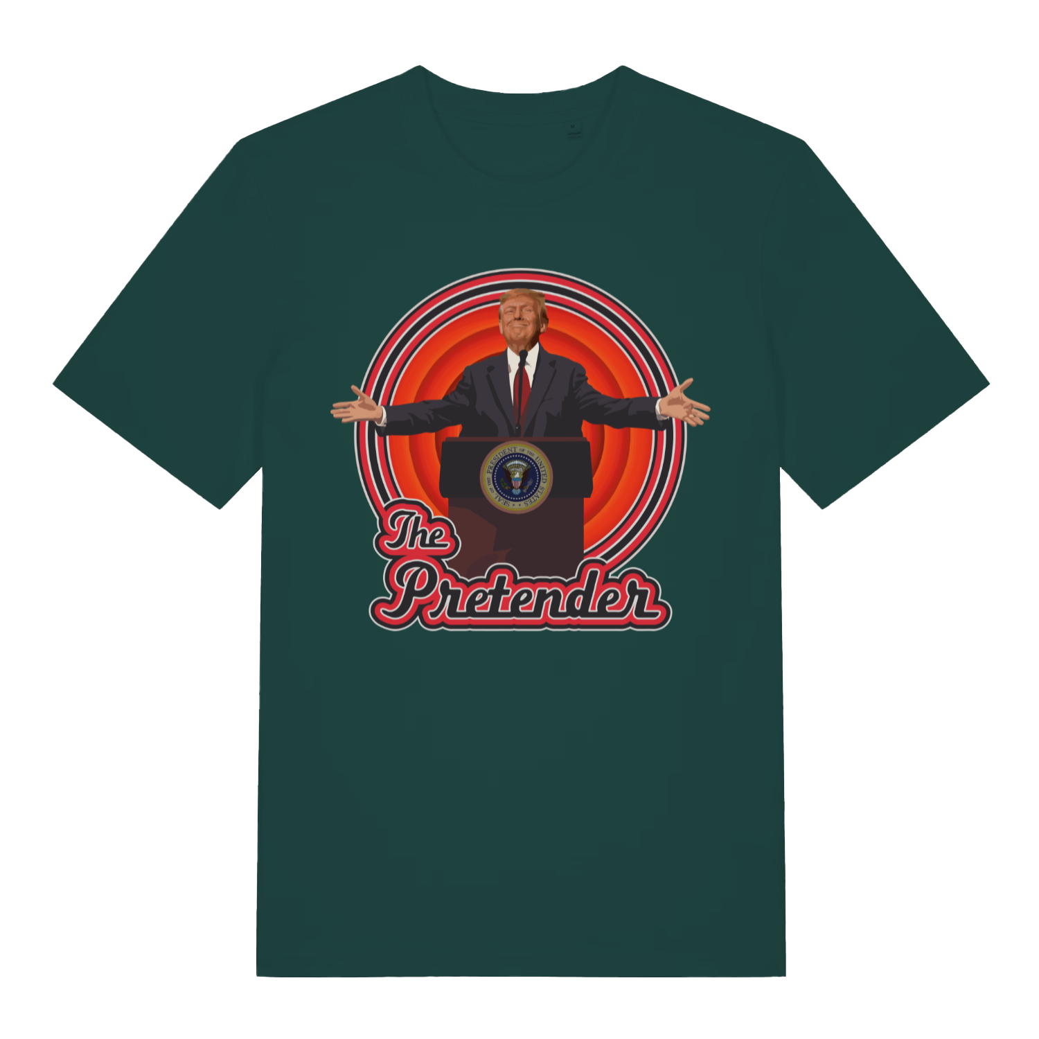 Glazed green The Pretender funny political satire t-shirt featuring classic The Pretender script  