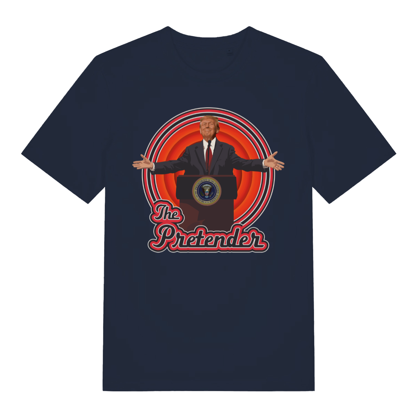 Navy The Pretender funny political satire t-shirt with bold arms-wide podium graphic  