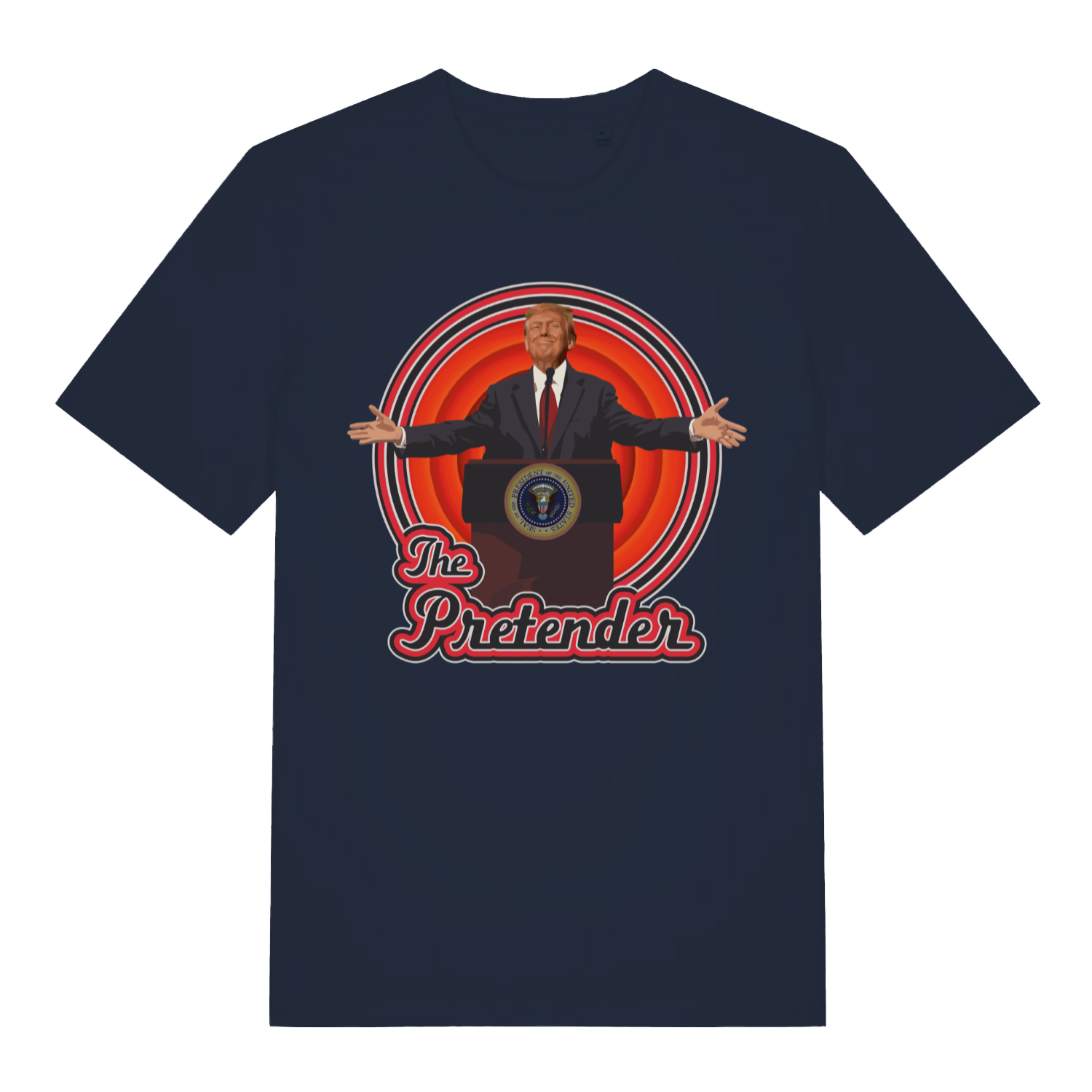 Navy The Pretender funny political satire t-shirt with bold arms-wide podium graphic  