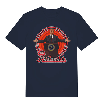 Navy The Pretender funny political satire t-shirt with bold arms-wide podium graphic  