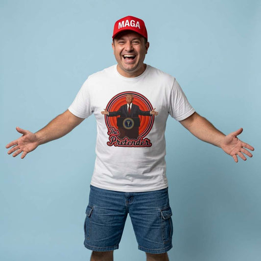 Man in a MAGA hat laughing with arms outstretched in a white The Pretender t-shirt, funny and witty music political satire design full of pure attitude