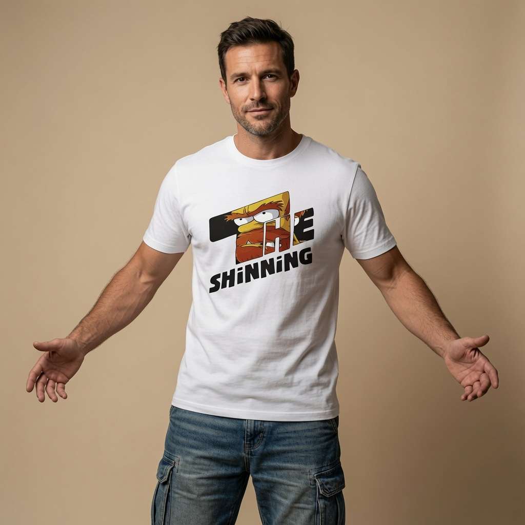 Man standing with arms outstretched while wearing a white The Shinning t-shirt featuring a cartoon character graphic, mens humorous and witty inspired by horror design