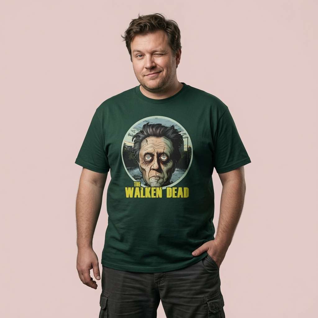 Man winking with one hand in his pocket while wearing a green The Walken Dead t-shirt, mens fun zombie walker pun design full of pure attitude