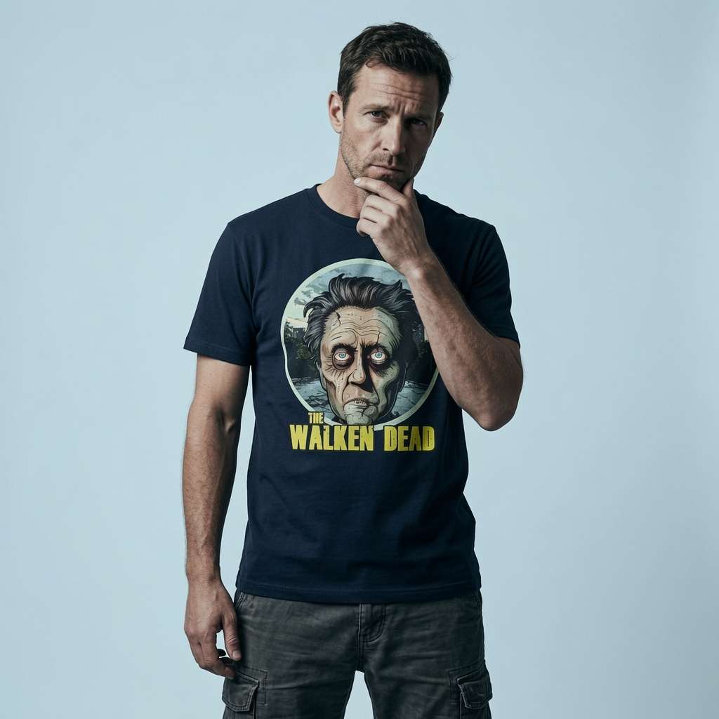 Man with one hand on his chin in a navy The Walken Dead t-shirt, mens fun and witty zombie walker pun tee that every cheeky lad will claim