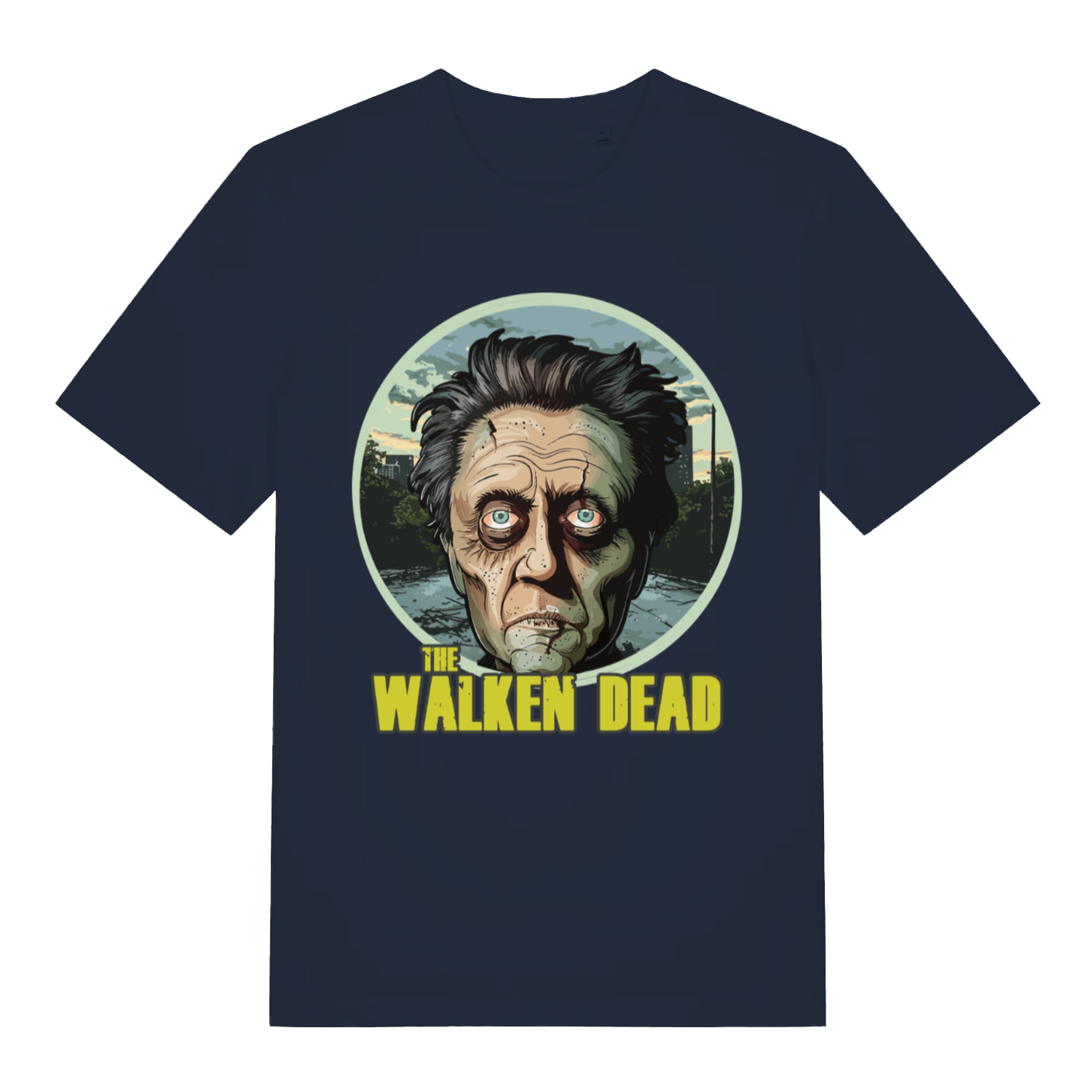 Navy The Walken Dead funny zombie pun t-shirt with witty undead Walken portrait print  