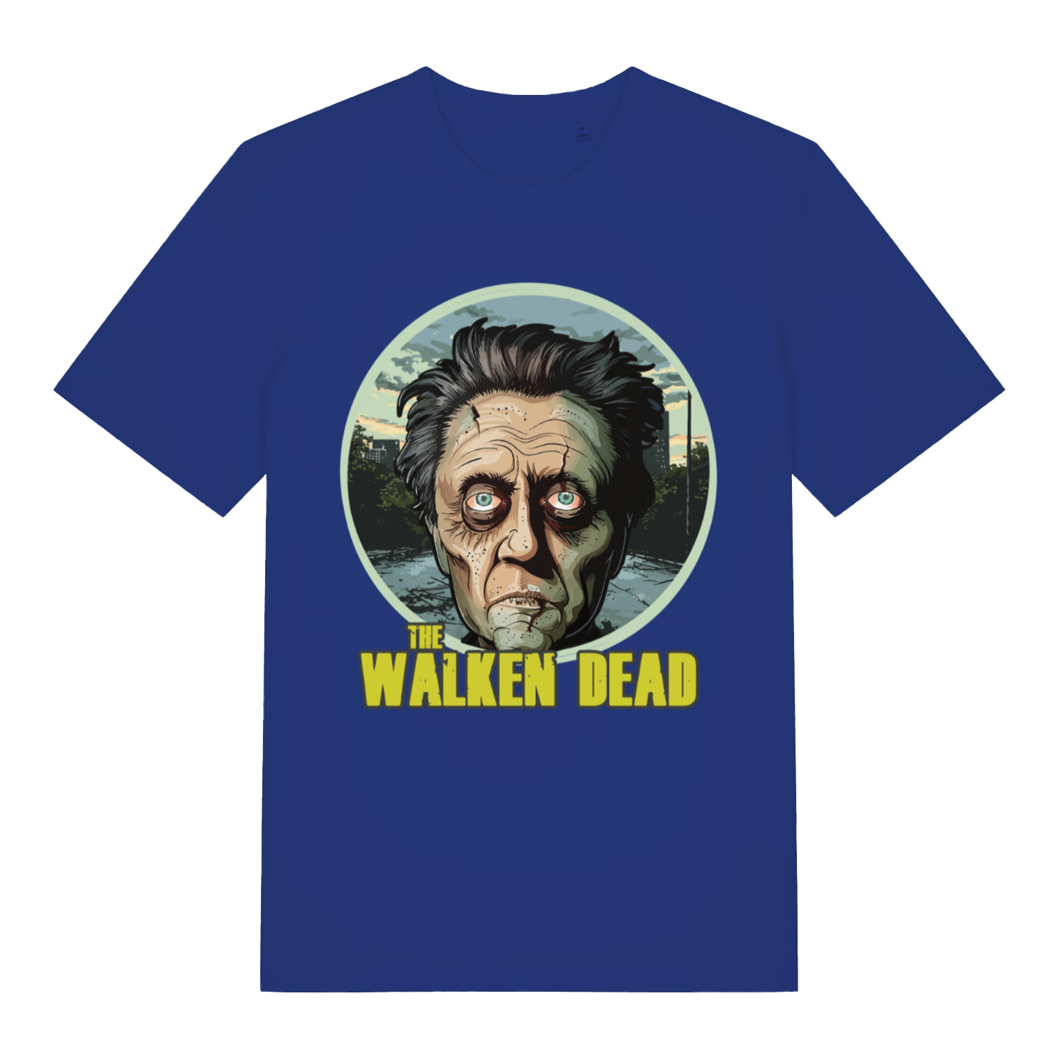 Blue The Walken Dead funny zombie pun t-shirt showing bold The Walken Dead lettering  