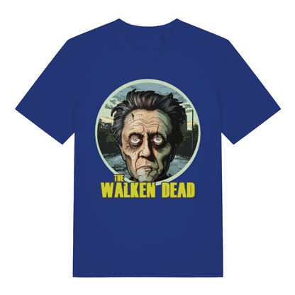 Blue The Walken Dead funny zombie pun t-shirt showing bold The Walken Dead lettering  